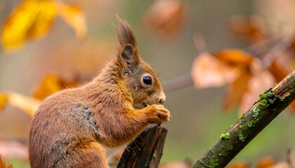 Fototapeta premium Red squirrel eating, perched on mossy branch, autumn leaves blurred background