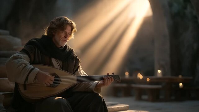 1_A minstrel playing a lute in a tavern setting