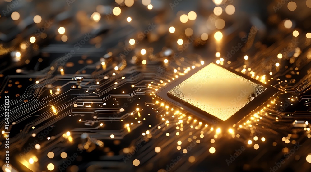 Poster glowing processor chip on circuit board with golden light effects and bokeh, representing advanced c