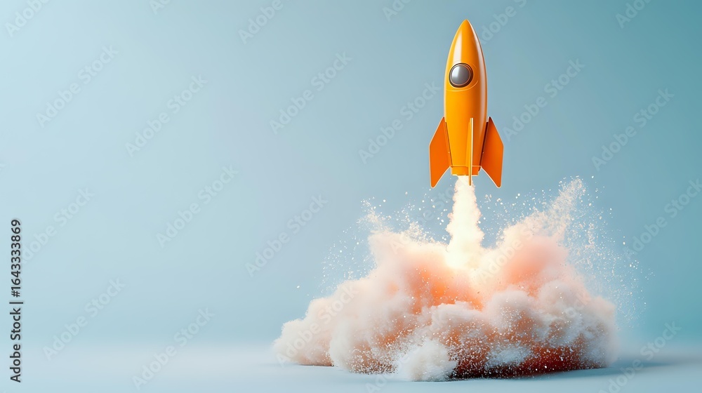 Poster orange rocket launching with dramatic smoke and dust cloud effect against light blue background, cre