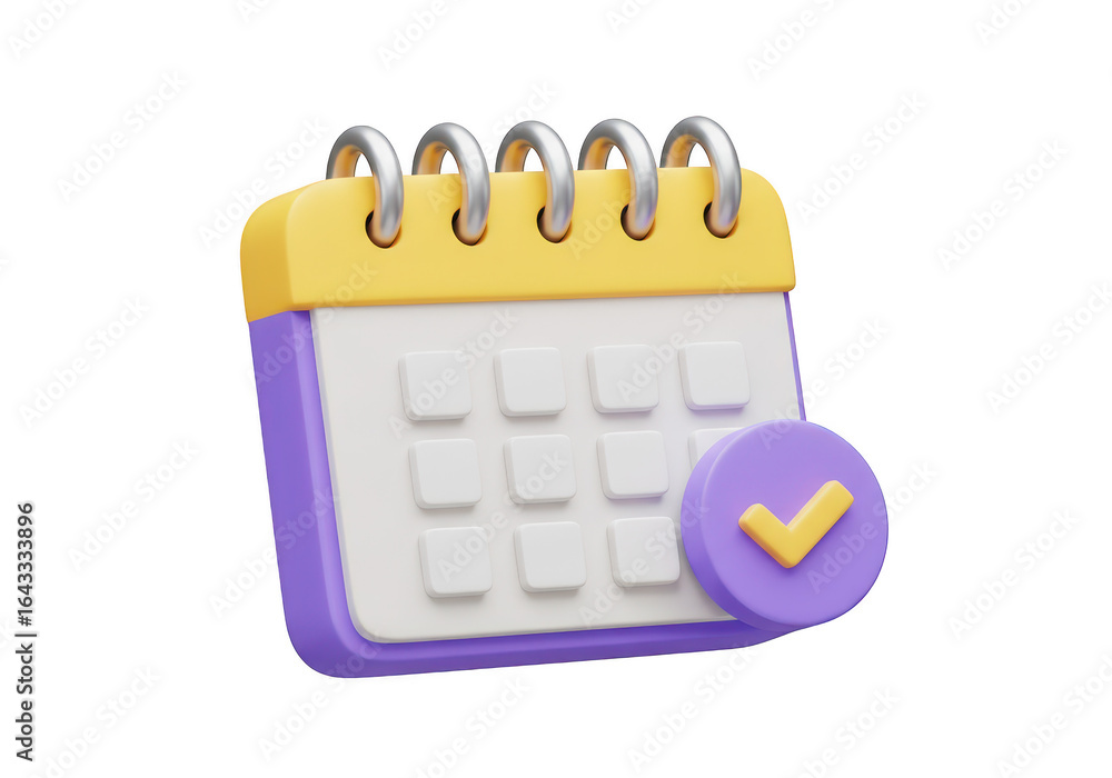 Poster 3d illustration of a calendar with a checkmark, symbolizing planning, scheduling, and task completio