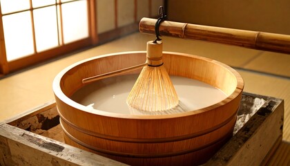 Wooden tub of steaming liquid with bamboo whisk