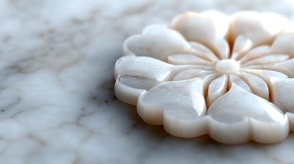 White flower-shaped meringue cookie on marble surface with soft focus and shallow depth of field, elegant minimalist food photography composition.