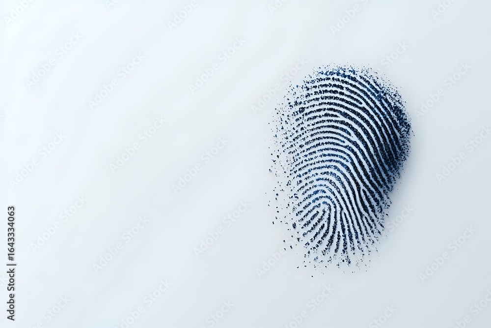 Poster digital fingerprint dissolving into particles on white background, security concept showing biometri