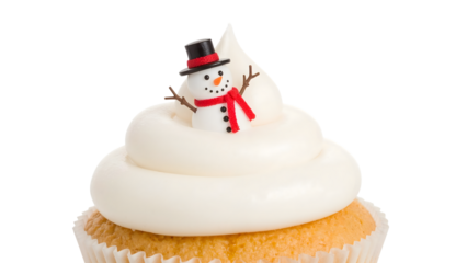 Vanilla cupcake with whipped frosting and cute snowman topper isolated on the transparent background for festive holiday celebrations and winter dessert inspiration