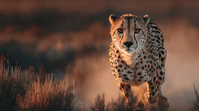 A dynamic scene of a cheetah sprinting across the plains, capturing speed and agility