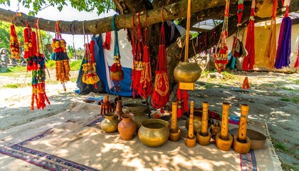 Fototapeta premium Colorful handmade toys and clay pots displayed at a Boishakhi fair under a tree with hanging decorations