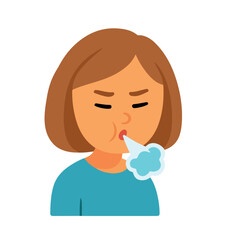 Woman blowing or exhaling air, coughing with eyes closed, flat vector illustration of illness and respiratory symptoms.