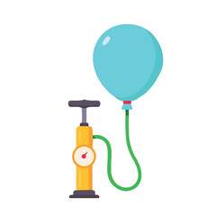 Air pump inflating a blue balloon, flat vector illustration of inflation and pressure concept.