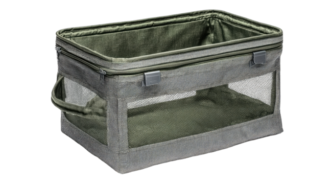 Olive-green storage bin with clear window
