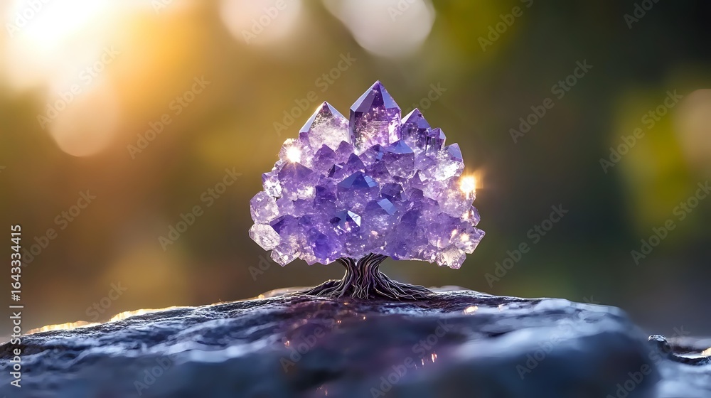 Aufkleber purple amethyst crystal cluster shaped like tree of life on dark stone surface with soft bokeh backg