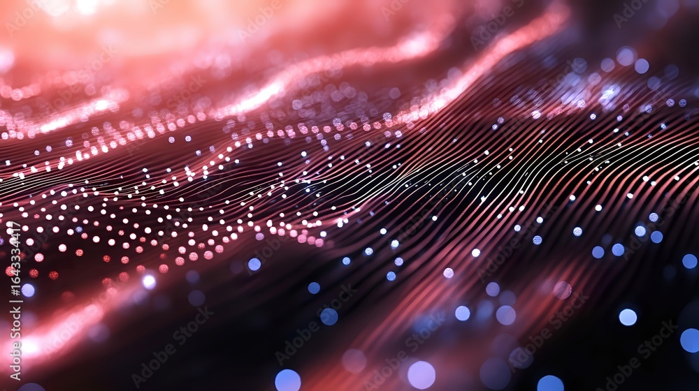 Aufkleber abstract digital wave pattern with glowing pink and blue particles flowing in curved lines against d