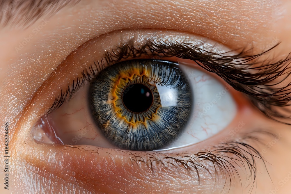 Poster extreme macro close up of multicolored human eye with long eyelashes showing intricate iris pattern 