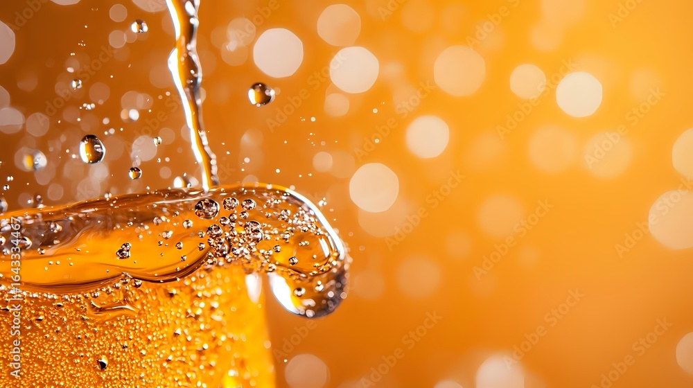 Poster refreshing golden liquid with bubbles and droplets splashing against vibrant orange bokeh background
