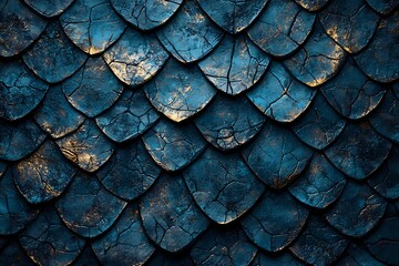 Weathered blue dragon scales pattern with cracked texture and golden highlights creates mystical fantasy background for creative design projects.