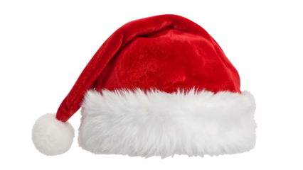 Classic red santa hat with white fur trim and pompom isolated on the transparent background for festive holiday celebrations and christmas decor