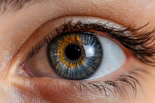 Extreme macro close up of multicolored human eye with long eyelashes showing intricate iris pattern in blue and amber tones against white sclera. Medical and beauty concept.