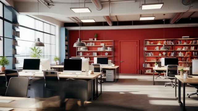 Modern open plan office interior with large windows, computer workstations, and red accent walls transitioning in an empty footage.