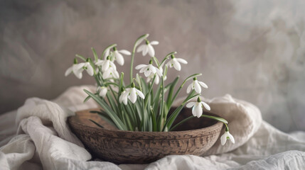 A close-up photograph of delicate snowdrops in a rustic wooden bowl, surrounded by a soft linen cloth, capturing the essence of spring.