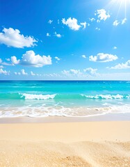 Obraz premium Sunny beach scene with turquoise water and gentle waves lapping a sandy shore under a bright blue sky