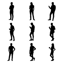 Modern professionals captured in dynamic silhouettes using phones and coffee cups for business concepts