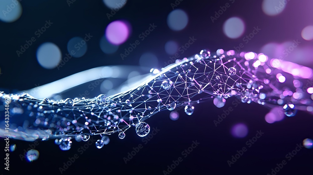 Aufkleber glowing network connections with purple and blue bokeh lights creating futuristic wave pattern, digi