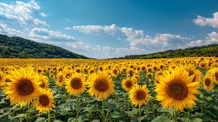 Fototapeta premium A vast field of sunflowers under a blue sky with clouds