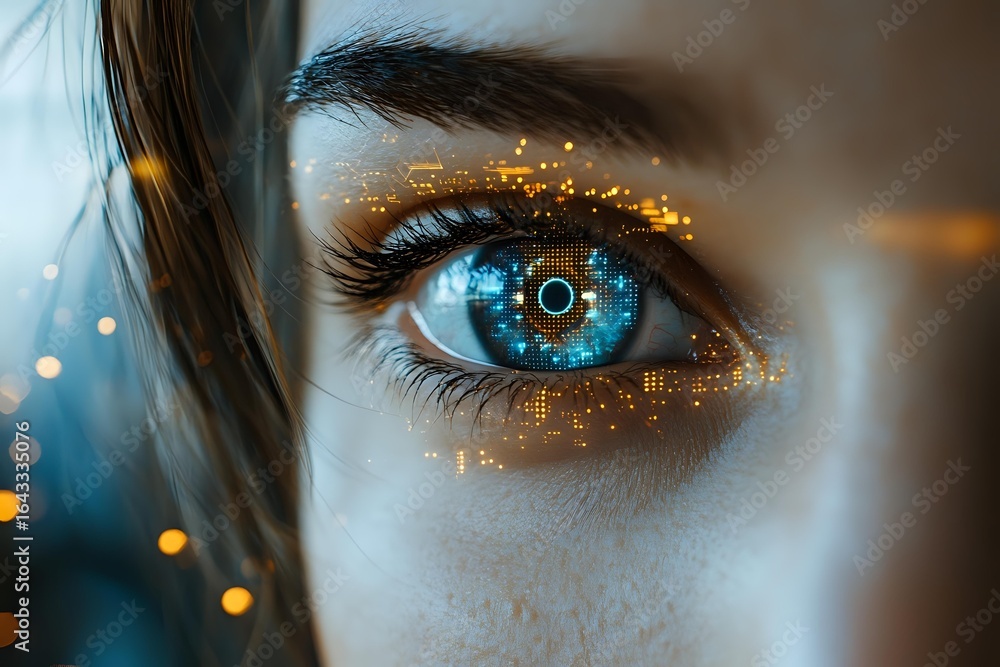Poster close-up of blue eye with digital technology overlay, glowing circuit patterns and futuristic elemen