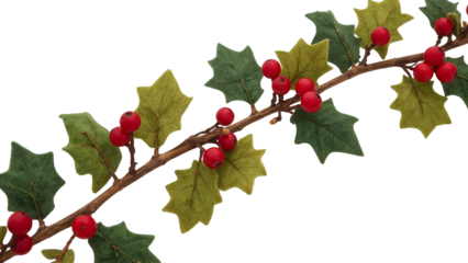 Holly branch with red berries and green leaves isolated on the transparent background for christmas and winter holiday decoration