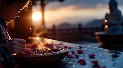 Romantic sunset dinner scene with scattered rose petals on table, glowing candlelight creating warm ambiance against blurred mountain backdrop and bokeh lights.