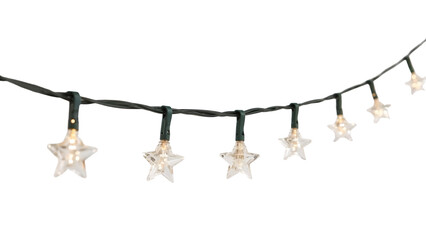 Star shaped string lights hanging on green wire, festive led garland decoration for christmas, parties, and holiday celebrations on the transparent background