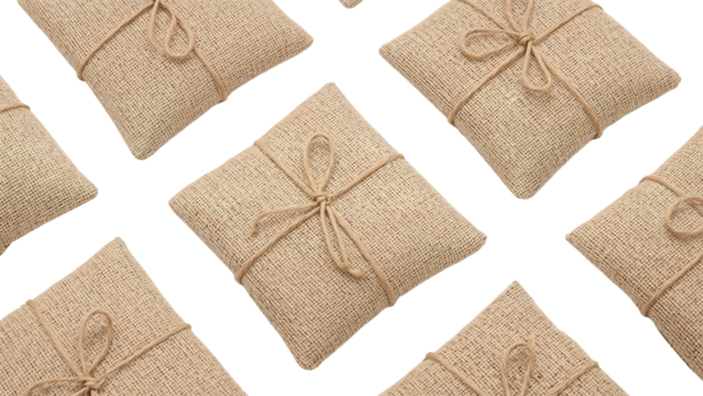 Pattern of small jute burlap pillow pouches with twine bows isolated on the transparent background  eco friendly rustic packaging concept