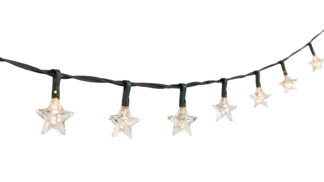 Star shaped string lights hanging on green wire, festive led garland decoration for christmas, parties, and holiday celebrations on the transparent background