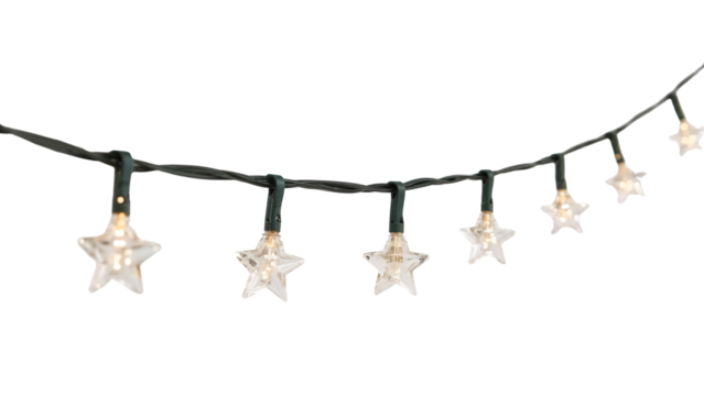 Star shaped string lights hanging on green wire, festive led garland decoration for christmas, parties, and holiday celebrations on the transparent background