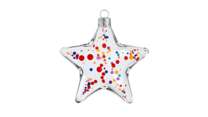 Transparent starshaped ornament with colorful confetti dots, minimalist festive decoration on the transparent background