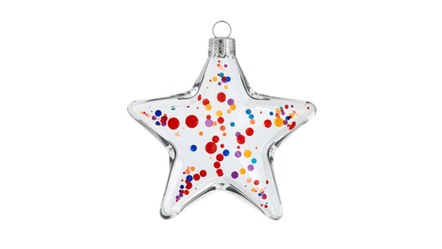 Transparent starshaped ornament with colorful confetti dots, minimalist festive decoration on the transparent background