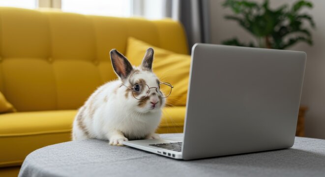 Cute Bunny Wearing Glasses Using Laptop &ndash; Funny Animal Working from Home Concept 