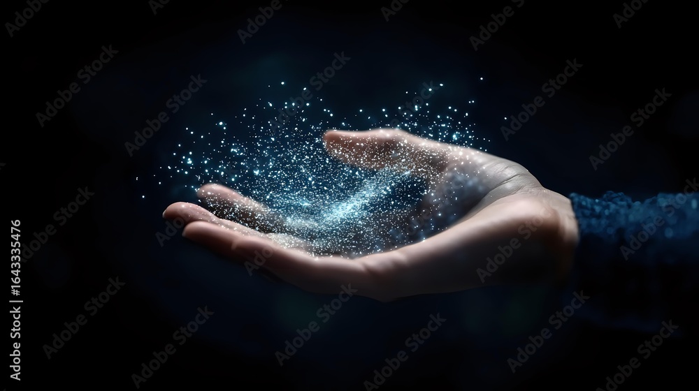 Aufkleber magical glowing particles floating above open palm against dark background, creating ethereal light 