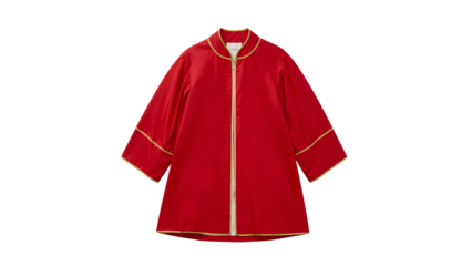 Red traditional robe with gold trim, long sleeves, and mandarin collar on the transparent background