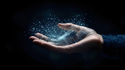 Magical glowing particles floating above open palm against dark background, creating ethereal light effect and mystical atmosphere for spiritual concepts.