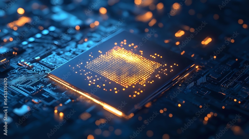 Aufkleber glowing processor chip on blue circuit board with orange light effects, modern computing technology 