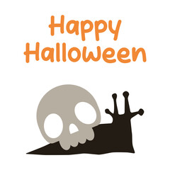 Cute Halloween flat vector illustration with a skull and snail silhouette, orange Happy Halloween text, isolated on white background.