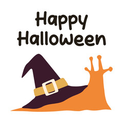 Cute orange snail wearing a witch hat with Happy Halloween text, perfect for spooky holiday designs. Vector flat illustration.
