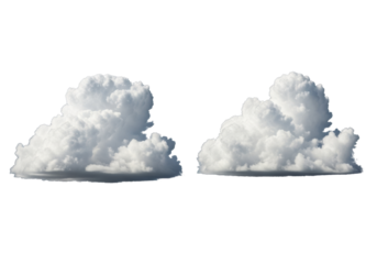 Two perfectly formed, voluminous cumulus clouds with fluffy, cotton-like texture in bright white and light grey, isolated against a pure transparent background with uniform studio lighting,