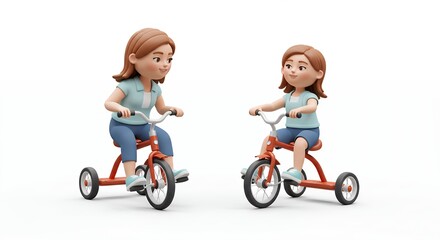 Cartoon girl figures riding tricycles