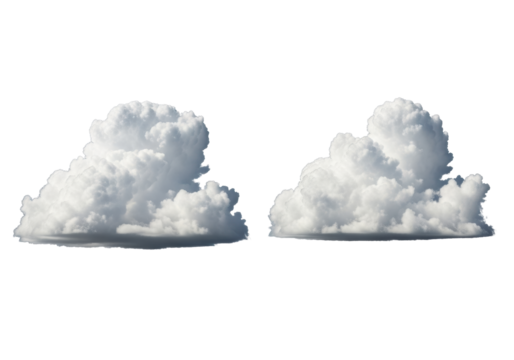 Two perfectly formed, voluminous cumulus clouds with fluffy, cotton-like texture in bright white and light grey, isolated against a pure transparent background with uniform studio lighting,