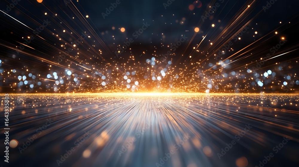 Aufkleber glowing orange and blue light rays burst from horizon with sparkling particles and bokeh effects cre