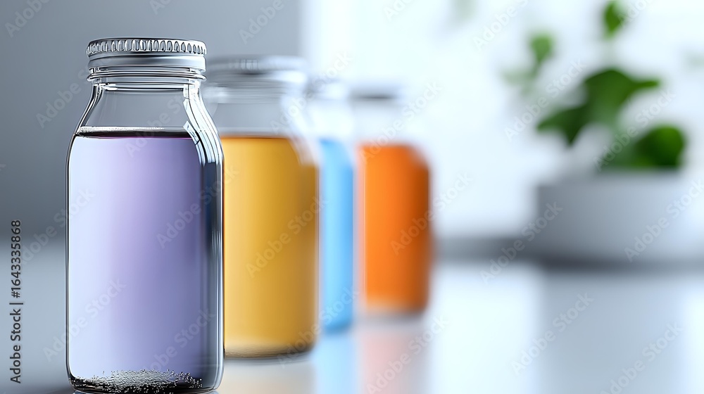 Poster colorful glass bottles with smoothies or fresh juices lined up in row on white background with soft 