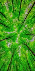 Lush green forest canopy viewed from below
