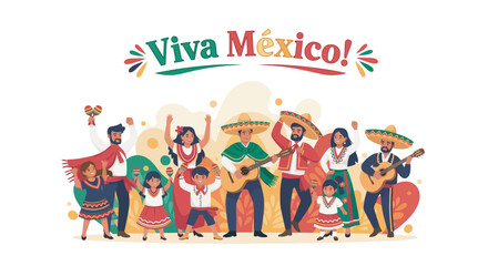 Fototapeta premium Joyful Mexican family celebrates with music and traditional attire, expressing vibrant national pride.